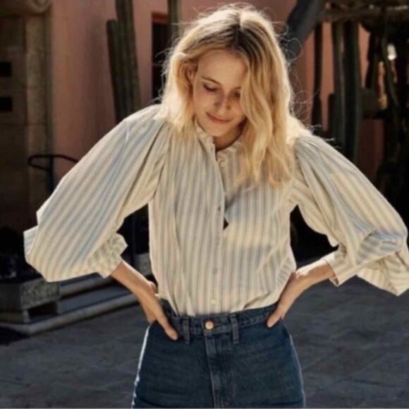 Doen Scarlet Chambray Stripe Cotton Sleeve Button Front Blouse size Medium - Picture 9 of 11